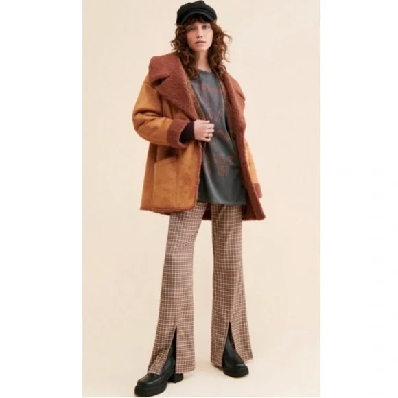 NWT Free People Diogo Oversized Colorblock Faux Sherpa Suede Brown Coat Jacket - Picture 11 of 12
